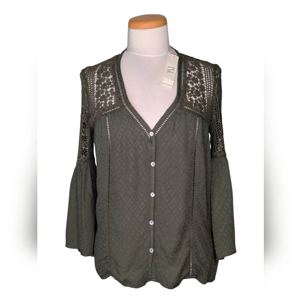 NWT LOVESTITCH Olive Green Sahara Mixed Lace Top Sz Small Rayon Flowy Boho Chic - Picture 13 of 17